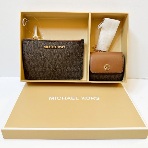 Michael Kors Giftable Coin Pouch ID Key Ring Wallet + Airpods Case MK Brown - Picture 1 of 11